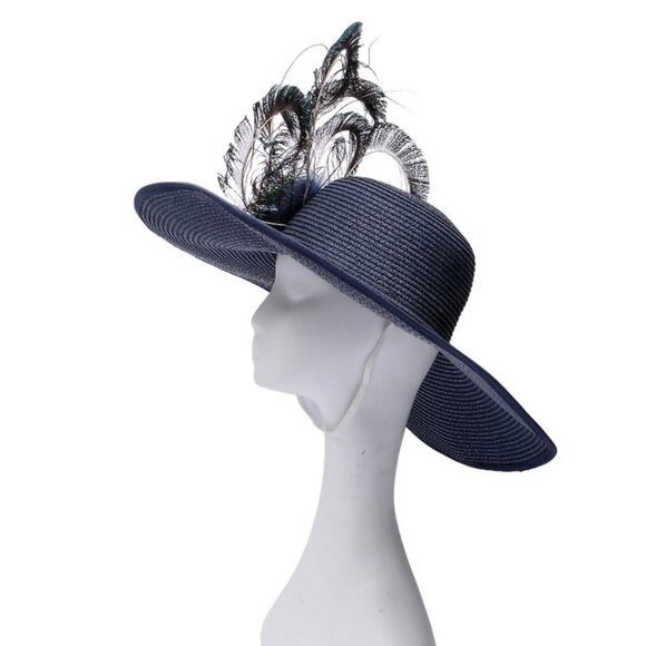 Large Brim Hat Peacock Feathers Floral Queens Plate Horse Race Summer Parties - Picture 6 of 12